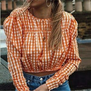 Zara Orange Gingham Long Sleeve Crop Top Sz Medium